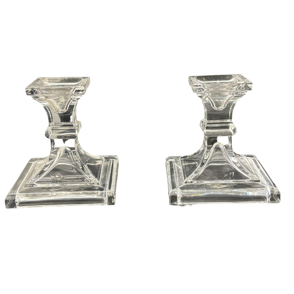 Bohemia VTG Style Clear Glass Square Base Taper Candlestick Holders Set of 2